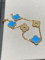 [Eternal Jewelry]CLOVER 5 MOTIF BLUE CHALCEDONY DIAMOND GOLD BRACELET - Image 10