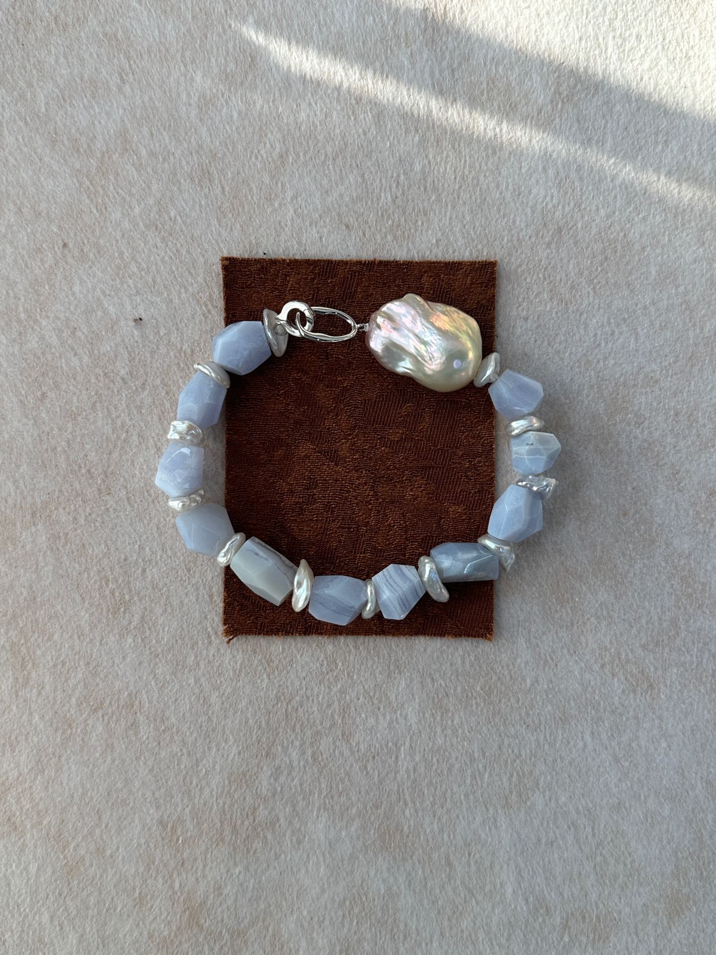 1111 Deep Sea Baroque Pearl Blue Lace Agate Bracelet - Image 1