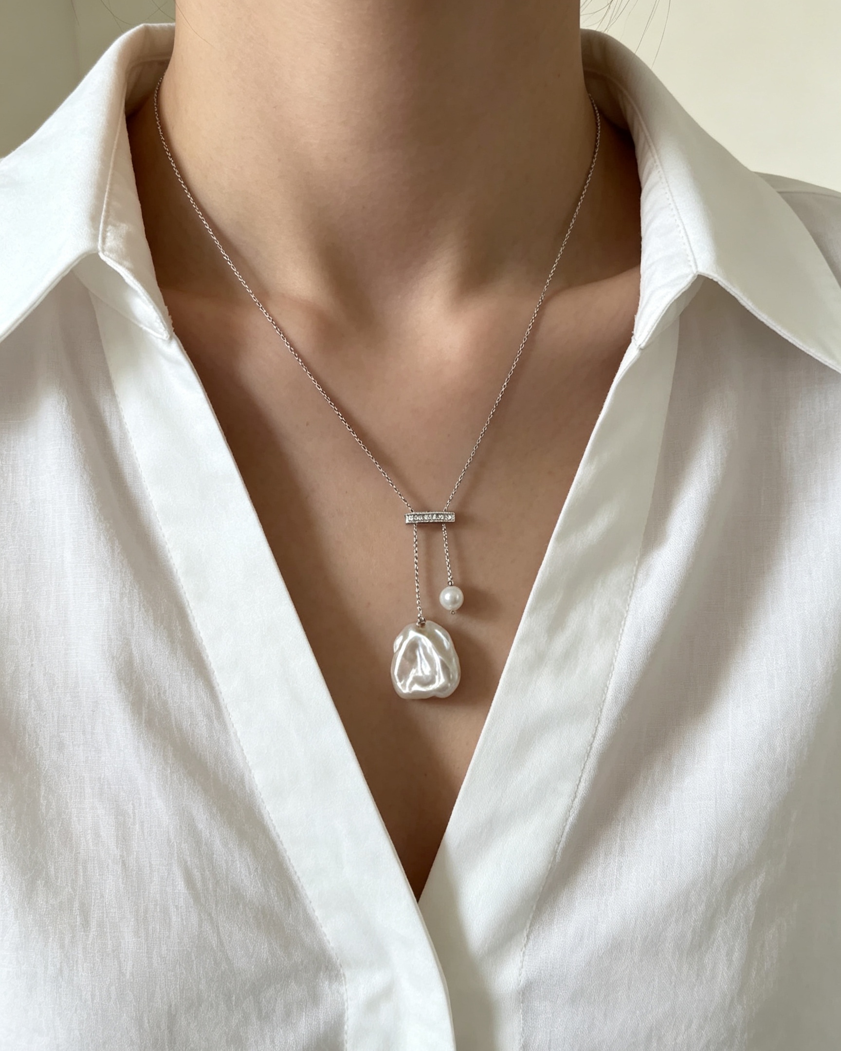 66 Soft Mist Petal Lariat Baroque Pearl Necklace - Image 1